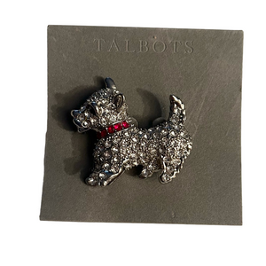 Talbots Silver Crystal Dog Brooch Pin with Red Collar Accent